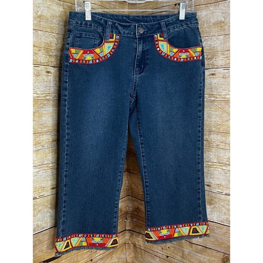 A.Z.I NWT ARTSIE BRIGHT BEADED COLORFUL RAW HEM WIDE LEG BOUTIQUE CAPRI JEANS